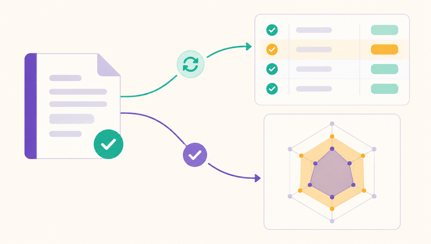 A playbook page feeding an updated QA scorecard and a competency framework
